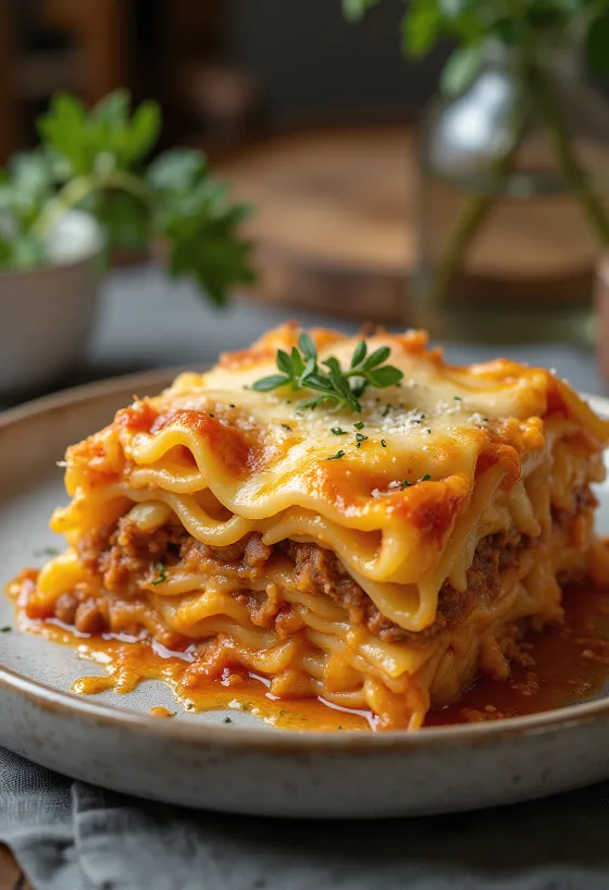 Klassisk lasagne serveret med frisk basilikum