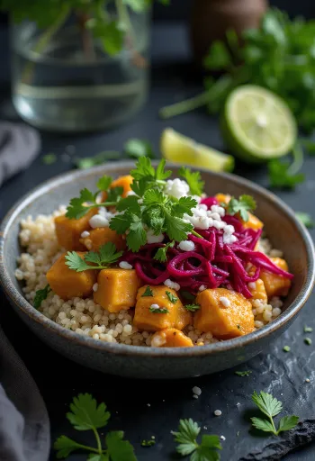 Lime quinoa Buddha bowl med rødbedecurry-tofu serveret