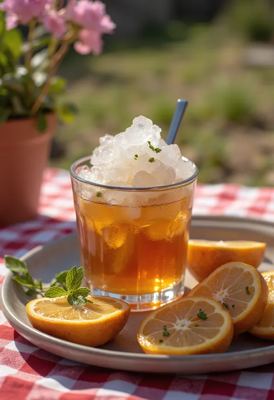 Mint Julep cocktail pyntet med mynteblade og knust is