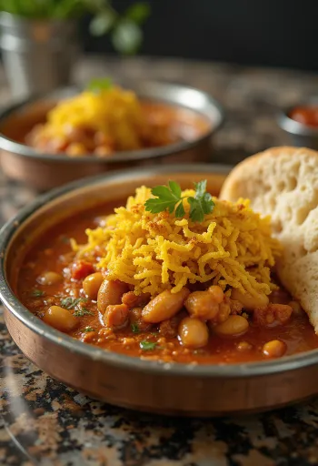 Misal pav Jain-stil serveret med frisk koriander og boller