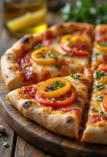 Pizza ai Peperoni med farverige peberfrugter og mozzarella