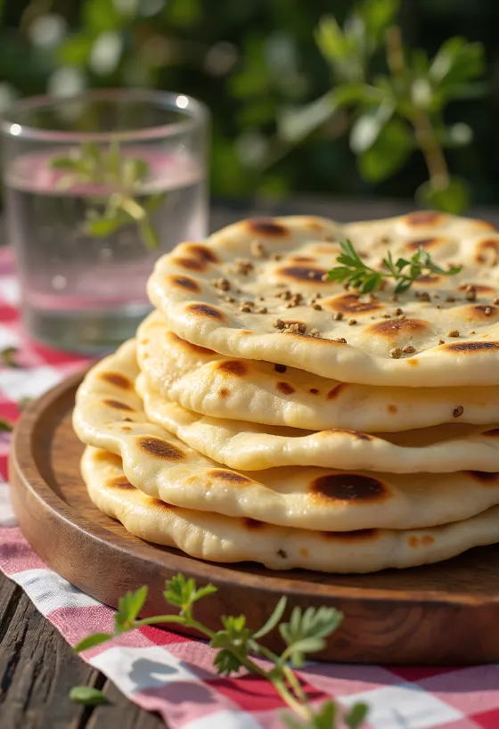 Saji med spidskommen bagt gyldenbrunt, flade brød drysset med spidskommen