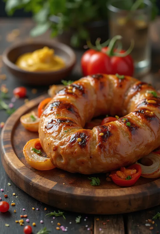 Stegt pølse stegt gyldenbrun, med sprødt skind og serveret med friske urter