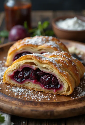 Blommestrudel bagt gyldenbrun, drysset med kanelsukker