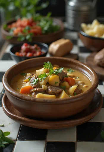 Gryderet med yakokse og smørte serveret i en rustik skål med friske urter.