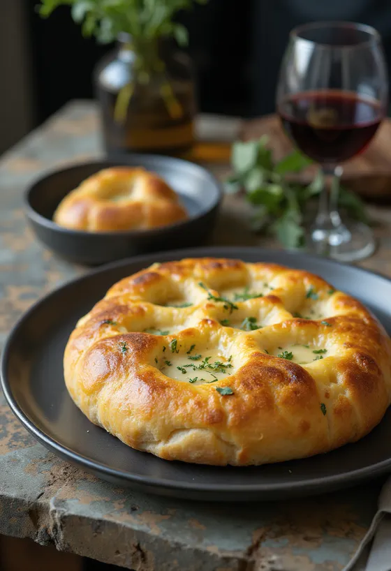 Focaccia med vin og ost serveret