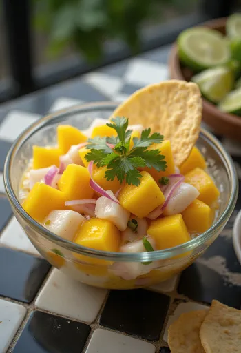 Ceviche con mango, frisk fisk og mangoblanding med lime og koriander