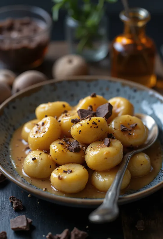 Gnocchi med kastanjepuré og vanilje serveret