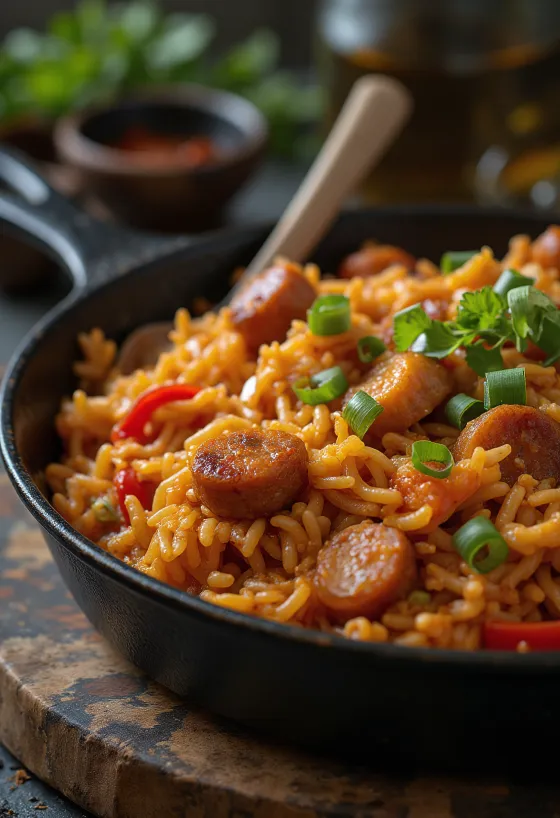 Jambalaya med kylling, rige smage og farverige ingredienser