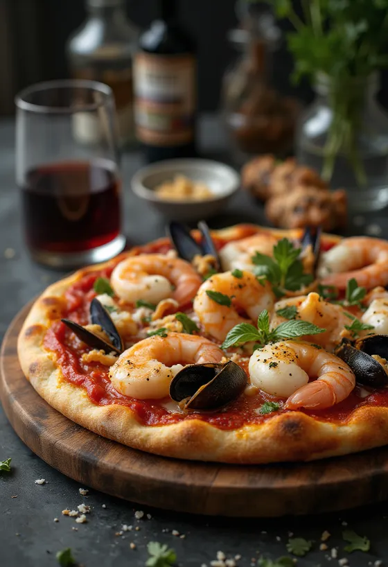 Klassisk Frutti di Mare pizza serveret