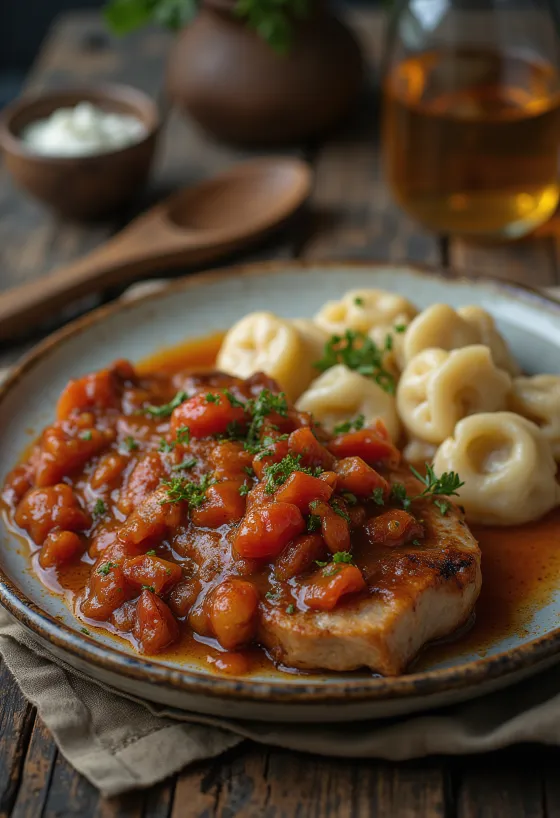 Nakkekam med lecsó og nokedli serveret