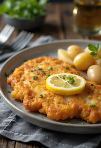Schnitzel af svinekød med kartofler, sprødt svinekød og smørkartofler