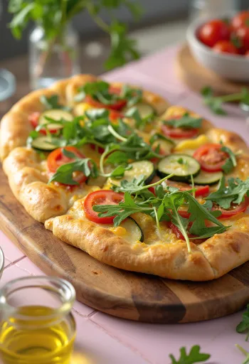 Forårsfocaccia med grøntsager og rucola serveret