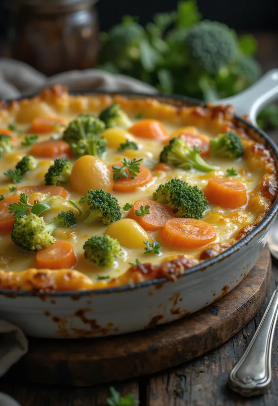 Grøntsagsgratin i lag, bagt med ost og krydderier.