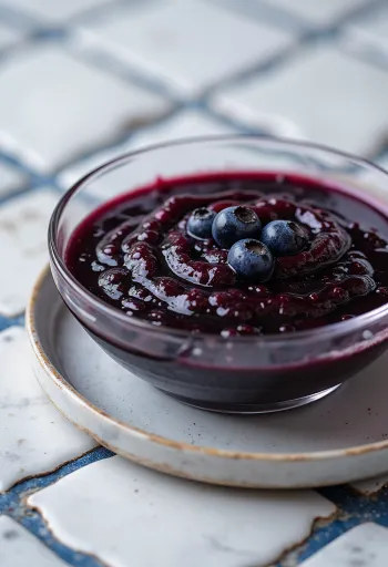 Blåbær-chili balsamicosauce i en skål, pyntet med friske blåbær og chiliskiver.