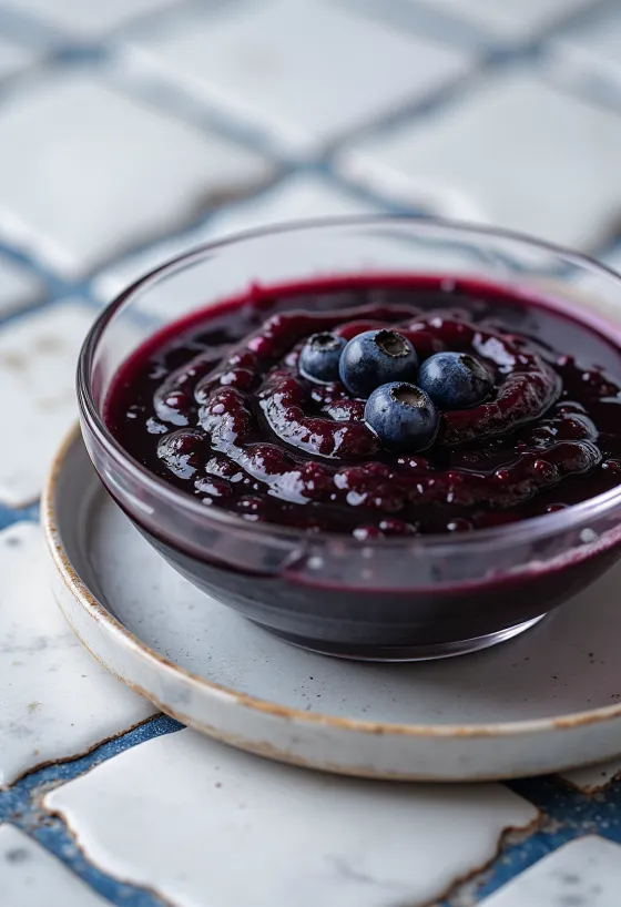 Blåbær-chili balsamicosauce i en skål, pyntet med friske blåbær og chiliskiver.