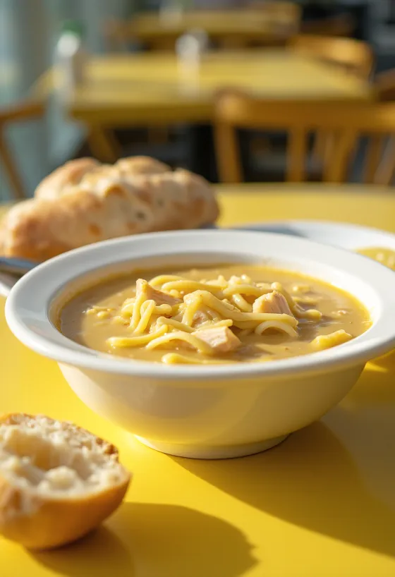 Gullig cremet Ciorba Radauteana kyllingesuppe i skål med persille