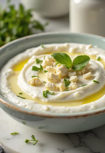 Feta-yoghurtdip med dild serveret med frisk pitabrød
