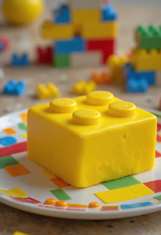 LEGO-kage med farvet fondantovertræk og byggeklodsdekoration