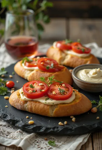 Pa amb tomàquet og allioli, tomatbrød med frisk basilikum og hvidløgsallioli