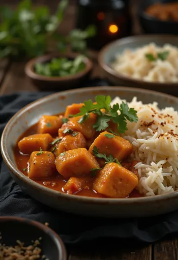 Pork Vindaloo serveret med ris og frisk koriander