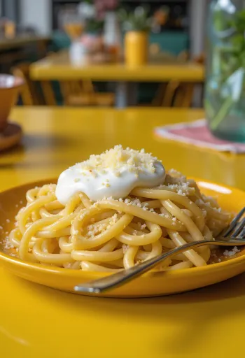 Varm pasta med ost og creme fraiche drysset med revet ost, serveret på en hvid tallerken.