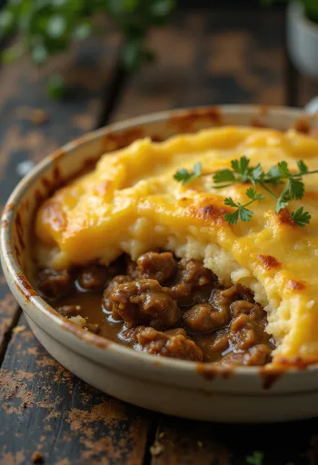 Shepherd’s pie serveret med sprødt lag af kartoffelmos