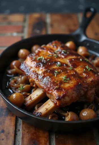 Gyldenbrune stegte spareribs med sprød skorpe, serveret med friske krydderurter og stegte kartofler.
