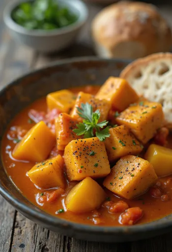 Vegansk lecsó med tofu serveret