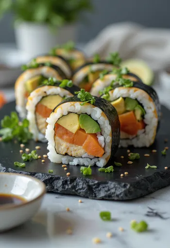 Vegansk sushi med tofu, grøntsager og sojasauce