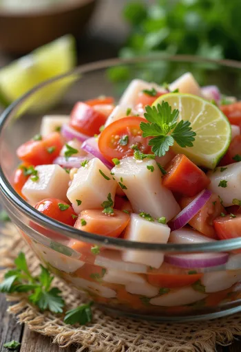 Klassisk ceviche med lime, fisk, avocado og tomat i en frisk kombination