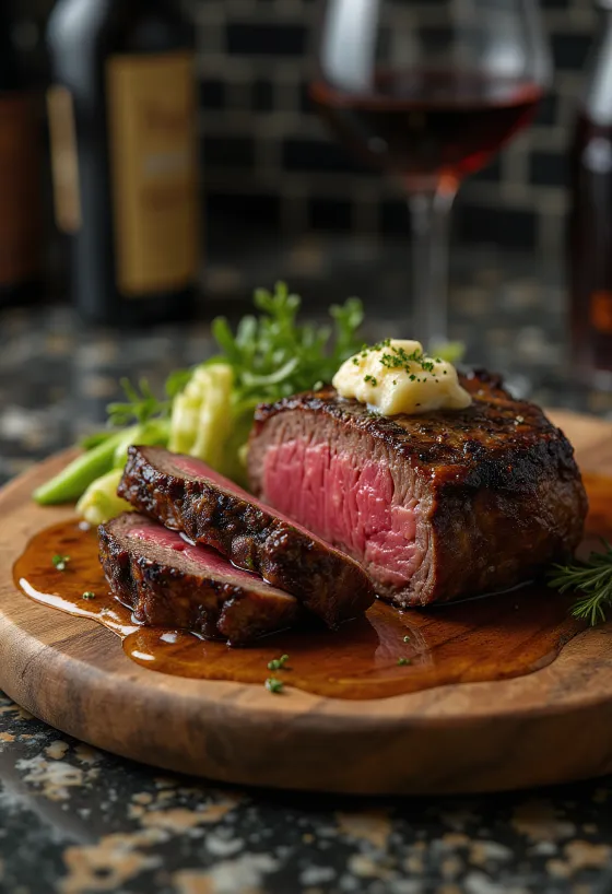 Chateaubriand steak serveret med dampede grøntsager og smør