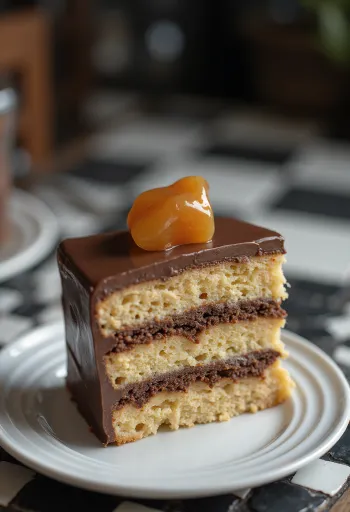 Dobos tærte fyldt med karamellag og chokoladecreme
