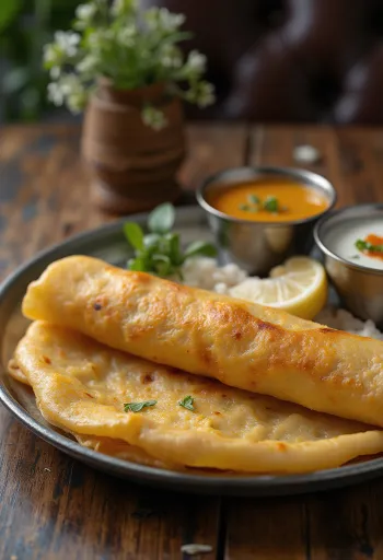 Klassisk dosa stegt sprød, serveret med frisk revet kokos