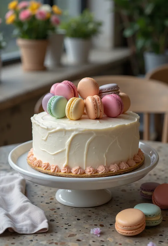 Kage pyntet med macarons i flere farver