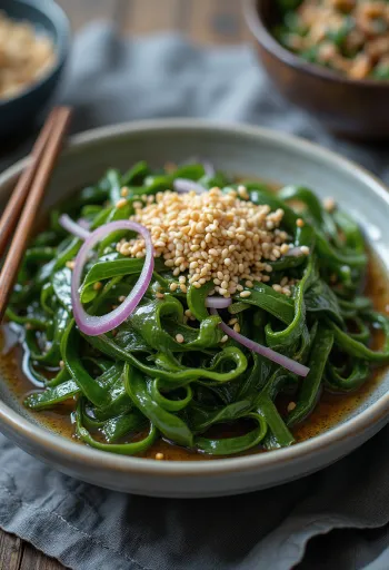 Miyeok Muchim serveret med frisk tang, sesamfrø og krydderier