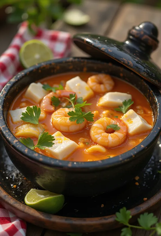 Moqueca med palmeolie, fisk og rejer i rig kokosmælkssauce, drysset med koriander