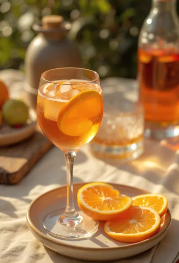 Appelsin Aperol cocktail serveret med appelsinskive og is