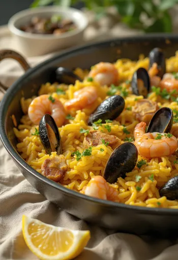 Paella med skaldyr og kylling serveret
