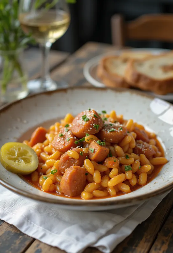 Hyrderet med tarhonya, røget pølse og kartofler, drysset med frisk persille