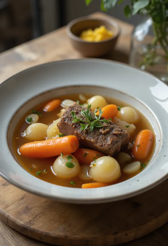 Pot-au-feu, traditionel fransk kødsuppe med grøntsager