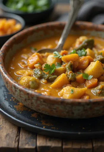 Vegansk curry med saftige grøntsager og pyntet med frisk koriander