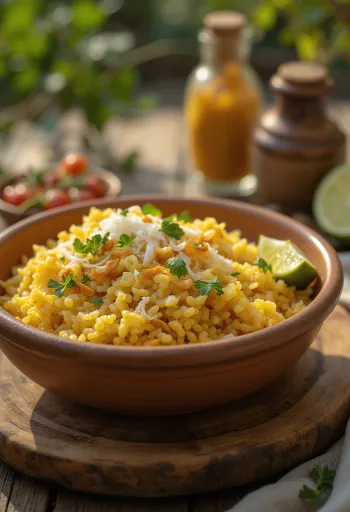 Bajra upma, serveret med frisk koriander og lime