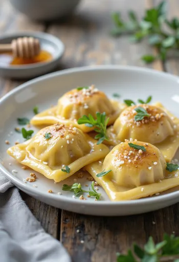 Chiafrø ravioli serveret