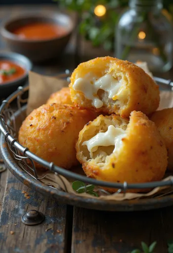 Dråbeformede panerede Coxinha snacks skåret over for at vise ostefyldet