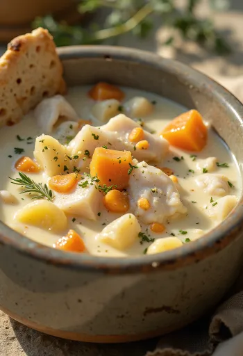 Cullen skink med gulerødder, serveret med frisk persille