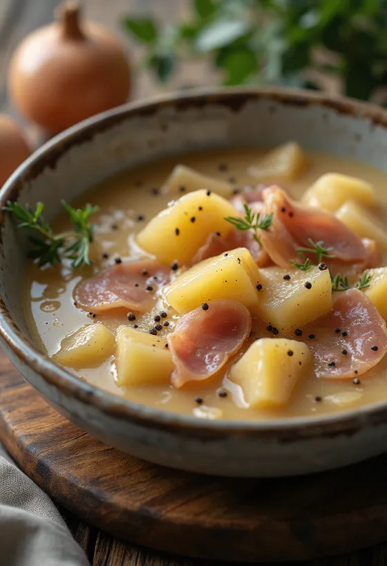 Kartoffelsuppe med røget kød serveret