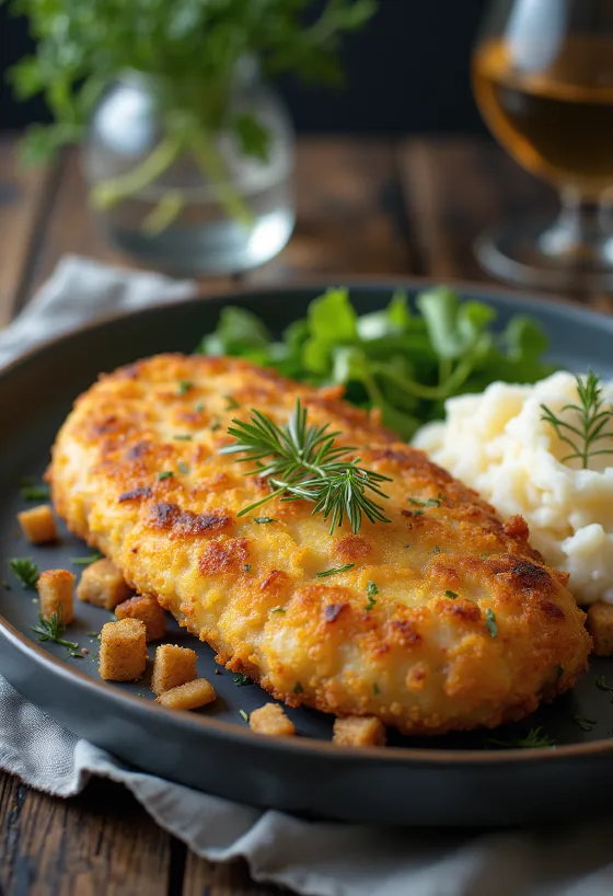 Pozharsky cutlet, russisk kyllingebøf med smør og brødkrummer, serveret med kartoffelmos