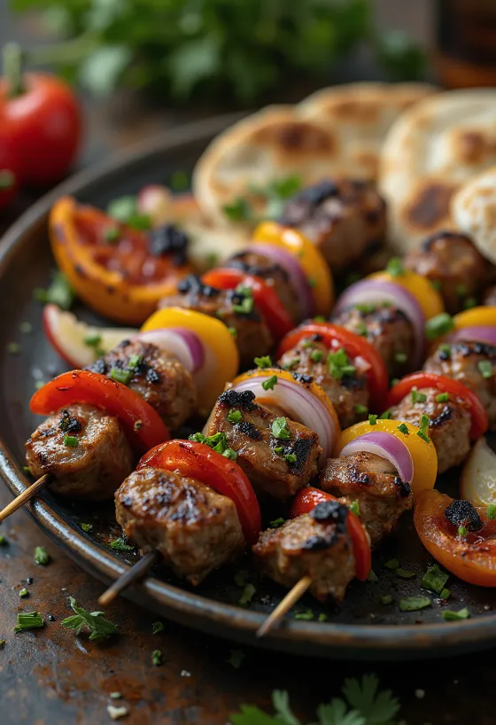 Shish kebab grillet kød og grøntsager på spyd