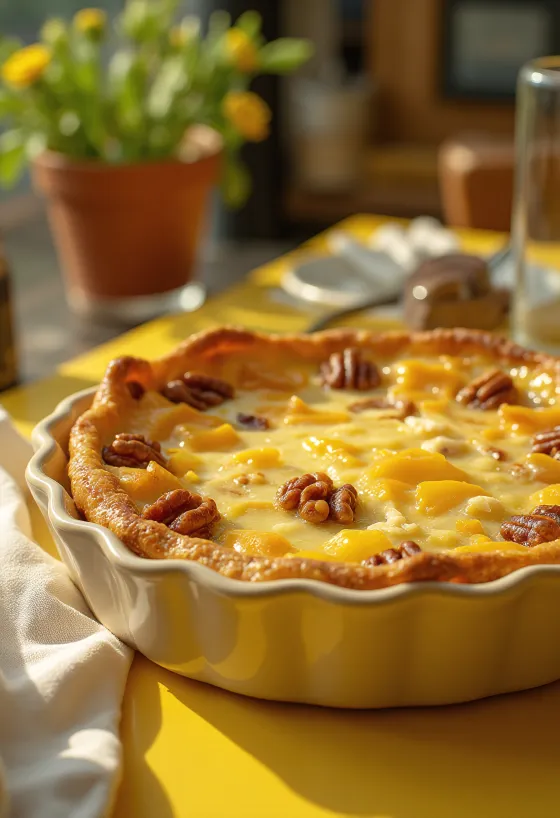 Quiche med brie og valnødder skåret i stykker på et fad